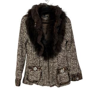 Y2K Size M Fairy Grunge Ruffled Cardigan Racoon Fur Trim Whimsigoth Brown